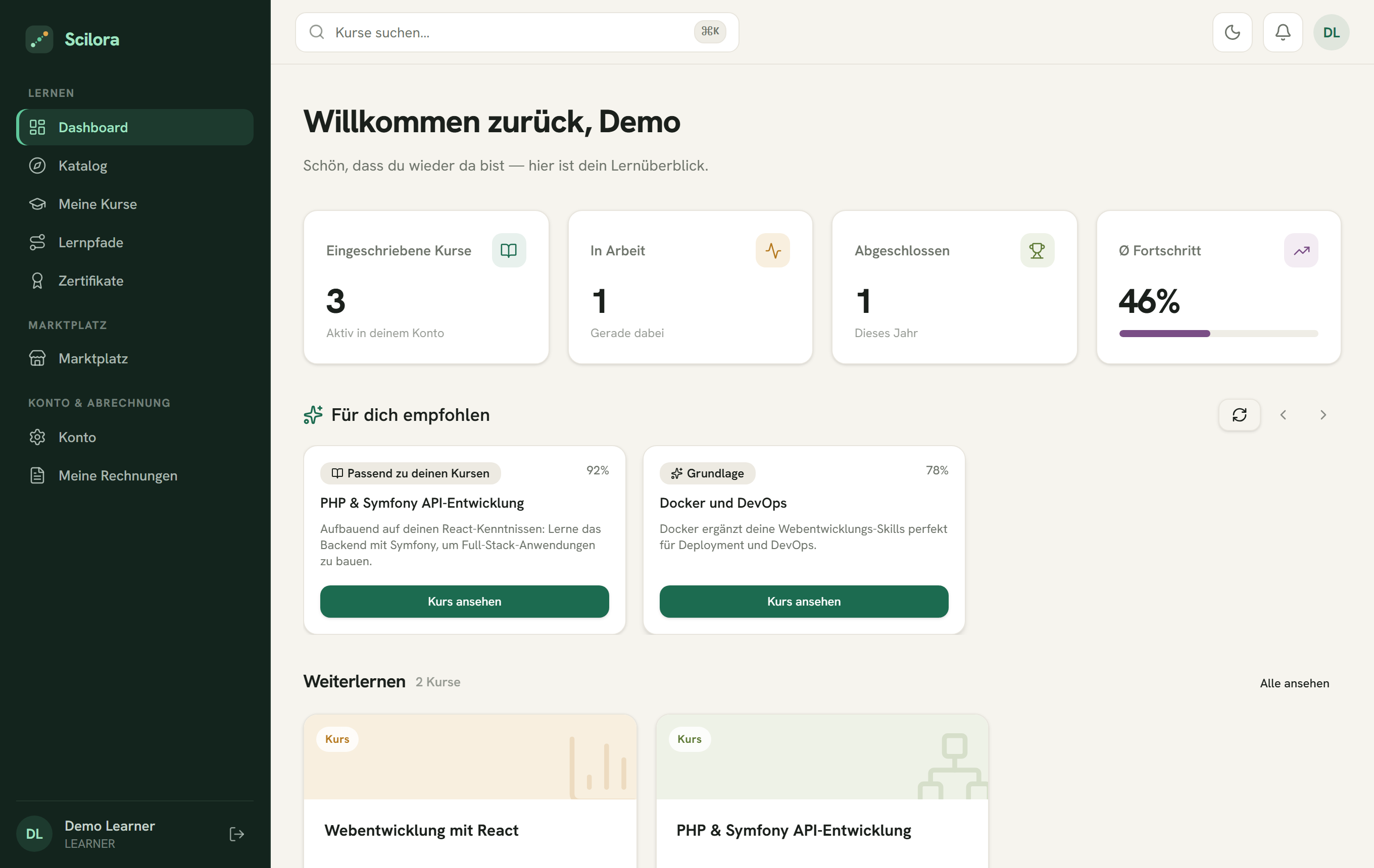 Scilora-Dashboard mit Lernfortschritt, KI-Empfehlungen und Kursen